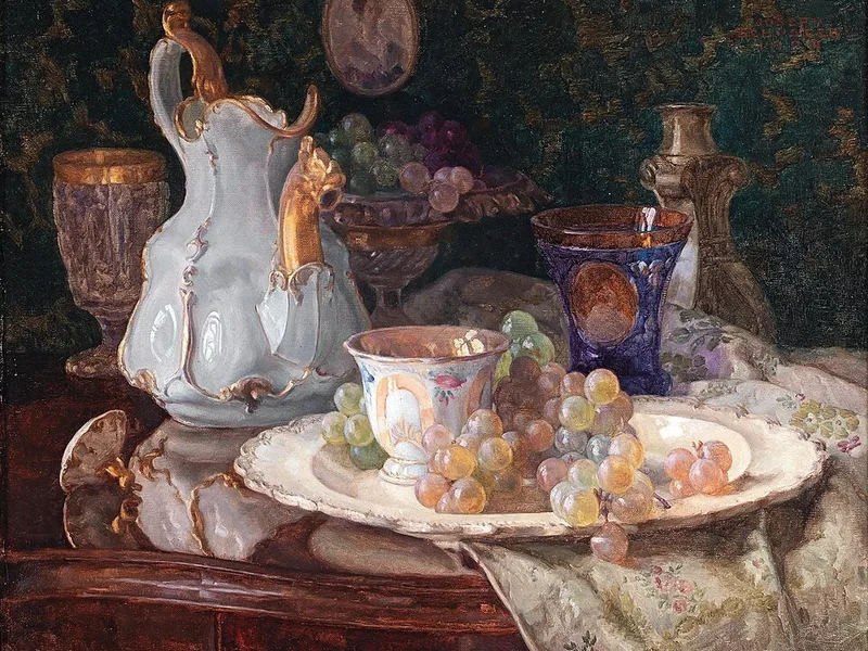 1873-Josef Schuster - Natura morta con oggetti decorativi